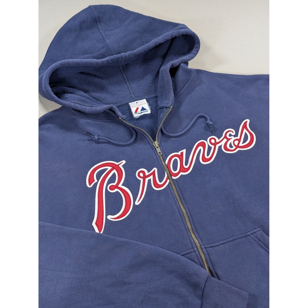 Majestic Atlanta Braves Hoodie Mens 2XL Blue Red Script Full Zip Y2K Vintage